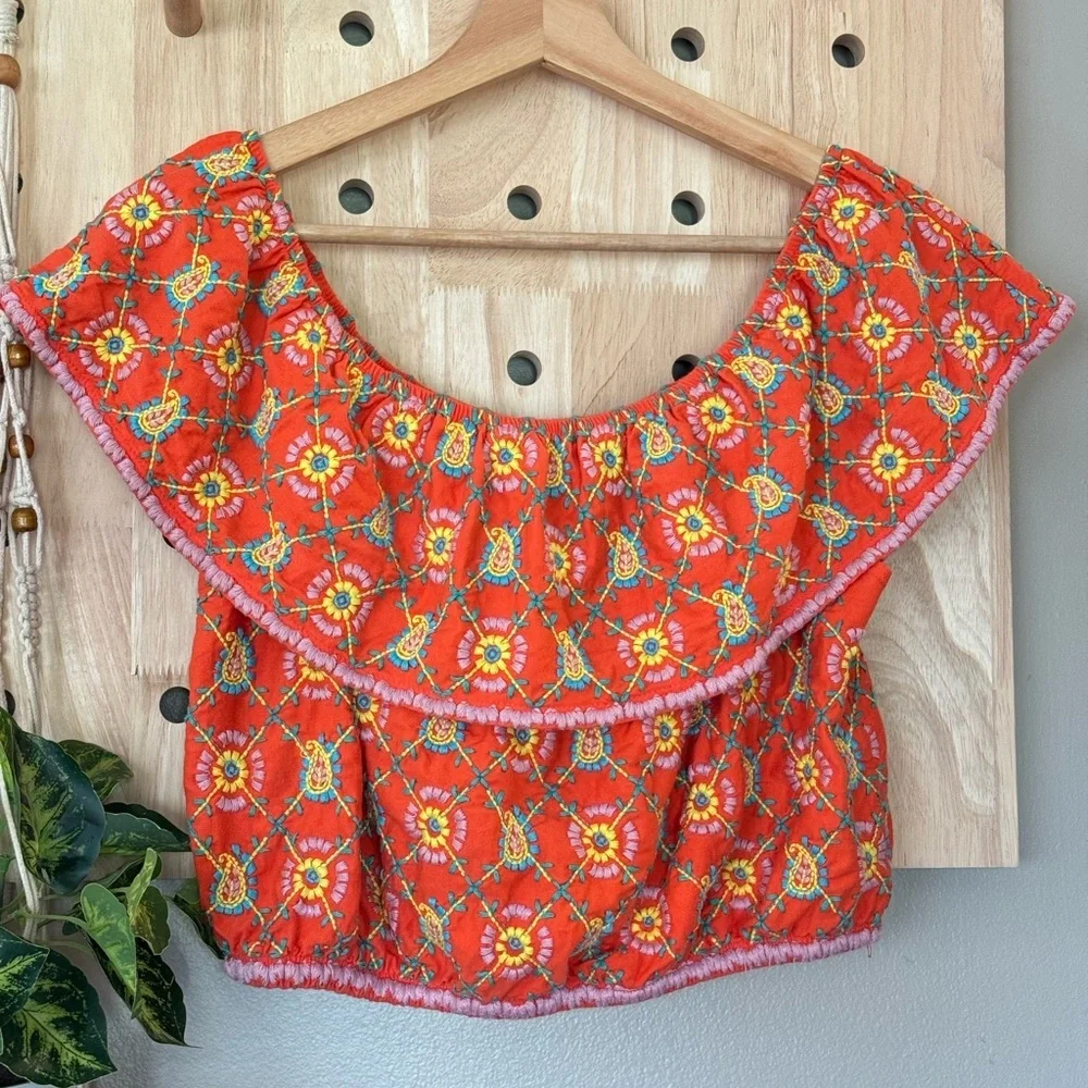Y2K Topshop Boho Floral‎ Embroidered Off-Shoulder Top Size 8 - Picture 2 of 6